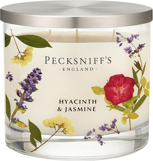 Pecksniff’s 3 Wick Candle – Jasmine & Hyacinth, 550 g / 19.4 oz – Long Lasting Burn, Elegant Home Decor & Relaxing Ambiance