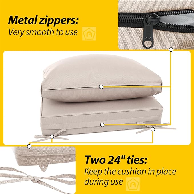 AAAAAcessories Outdoor Deep Seat Cushions, Waterproof, Fade-Resistant Patio Furniture Replacement Cushions, 23.5" x 25.5" x 5" + 23.5" x 13.5", Set of 2, Khaki Beige