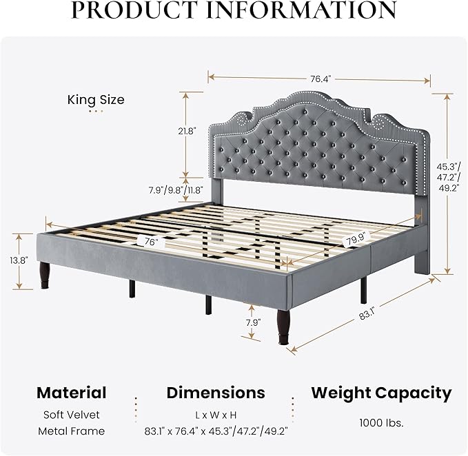 SHA CERLIN King Size Platfrom Bed Frame with Adjustable Headboard/Velvet Upholstered Diamond Button Tufted and Metal Studs/No Box Spring Needed/Easy Assembly/Woodenen Slat Support/Light Grey