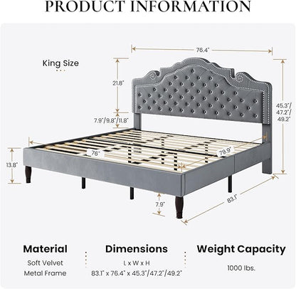 SHA CERLIN King Size Platfrom Bed Frame with Adjustable Headboard/Velvet Upholstered Diamond Button Tufted and Metal Studs/No Box Spring Needed/Easy Assembly/Woodenen Slat Support/Light Grey