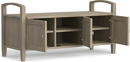 SIMPLIHOME Warm Shaker Entryway Storage Bench - 44 inch Wide Solid Wood Storage Seat in Distressed Grey, Transitional Bench Seat for Mudroom or Living Room with Lift-Up Lid and Shaker-Style Panels