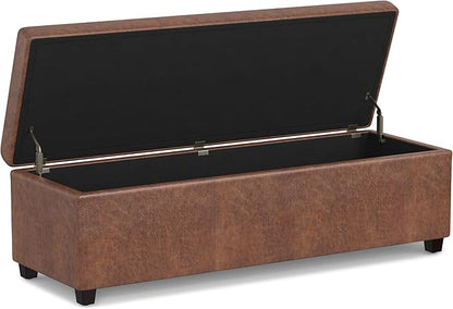 SIMPLIHOME Avalon 54 Inch Wide Contemporary Rectangle Extra Large Storage Ottoman Bench in Distressed Saddle Brown Vegan Faux Leather, Assembled, For the Living Room, Entryway and Family Room
