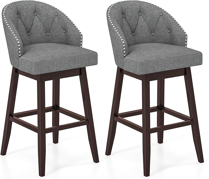 COSTWAY Bar Stools Set of 2, 31’’ Swivel Bar Stools with Rubber Wood Legs & Padded Back, Breathable Linen Fabric, Stylish Tufted Design & Rivet Decoration, Adjustable Foot Pads (2, Grey + Brown)