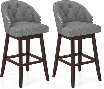 COSTWAY Bar Stools Set of 2, 31’’ Swivel Bar Stools with Rubber Wood Legs & Padded Back, Breathable Linen Fabric, Stylish Tufted Design & Rivet Decoration, Adjustable Foot Pads (2, Grey + Brown)