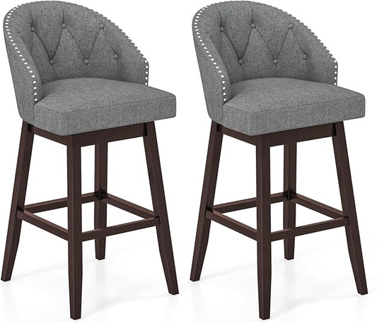 COSTWAY Bar Stools Set of 2, 31’’ Swivel Bar Stools with Rubber Wood Legs & Padded Back, Breathable Linen Fabric, Stylish Tufted Design & Rivet Decoration, Adjustable Foot Pads (2, Grey + Brown)