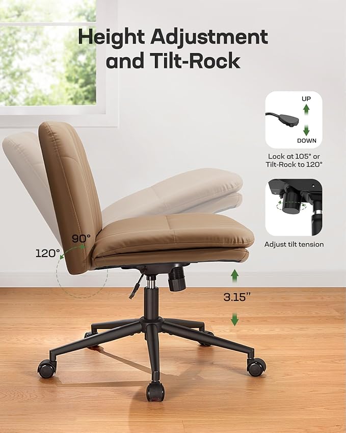 Marsail Armless-Office Desk Chair with Wheels: PU Leather Cross Legged Wide Chair,Comfortable Adjustable Swivel Computer Task Chairs for Home,Office,Make Up,Small Space,Bed Room, Brown