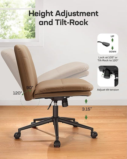 Marsail Armless-Office Desk Chair with Wheels: PU Leather Cross Legged Wide Chair,Comfortable Adjustable Swivel Computer Task Chairs for Home,Office,Make Up,Small Space,Bed Room, Brown