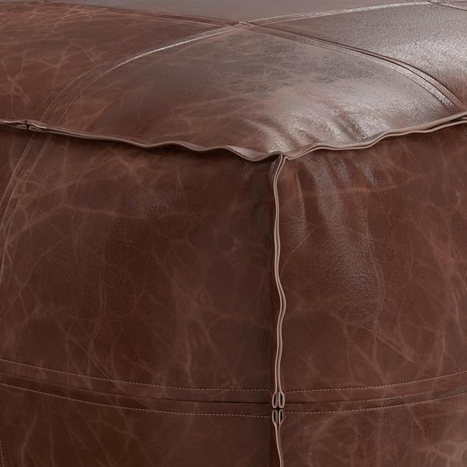 SIMPLIHOME Sheffield Boho Square Pouf in Distressed Brown Leather for the Living Room, Bedroom and Kids Room