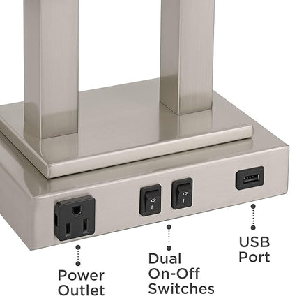 Possini Euro Design Amity Modern Table Lamp 26" High with USB and AC Power Outlet in Base Brushed Nickel White Linen Hardback Shade for Bedroom Living Room House Home Desk Bedside Nightstand Office