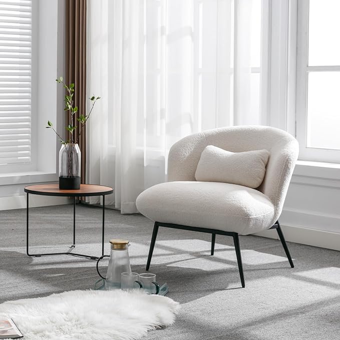 HEAH-YO Modern Accent Chair Set of 1, Upholstered Sherpa Side Chair with Barrel Backrest and Metal Legs, Comfy Armless Chair for Living Room Bedroom, White