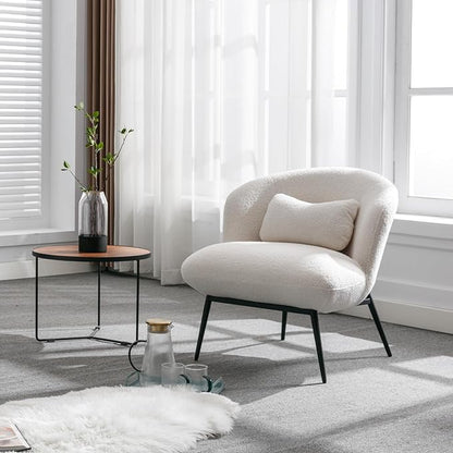 HEAH-YO Modern Accent Chair Set of 1, Upholstered Sherpa Side Chair with Barrel Backrest and Metal Legs, Comfy Armless Chair for Living Room Bedroom, White
