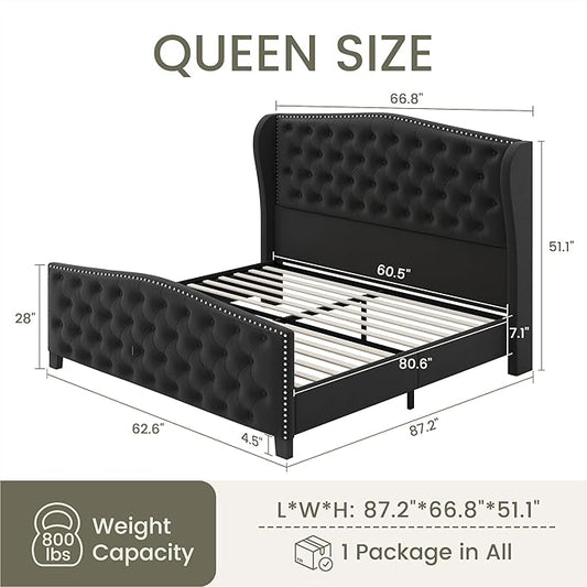 LARMACE Queen Size Bed Frame Velvet Upholstered Platform Bed with Wingback Headboard & Footbaord, Deep Button Tufted Bed Frame with Wood Slats Support, No Box Spring Needed, Black