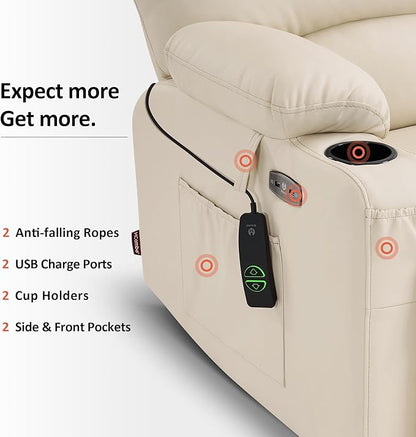 MCombo Power Lift Recliner Chair for Elderly, Lift Chair with Heat and Massage, Extra Wide Lift Recliner for Big People, Faux Leather R7096 (Medium-Wide, Cream White)
