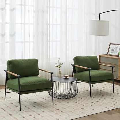Mid-Century Accent Chair Set of 2, Soft Armchair Linen Fabric Lounge Chair with Black Metal Legs, Upholstered Leisure Chair for Living Room Reception Room, Green