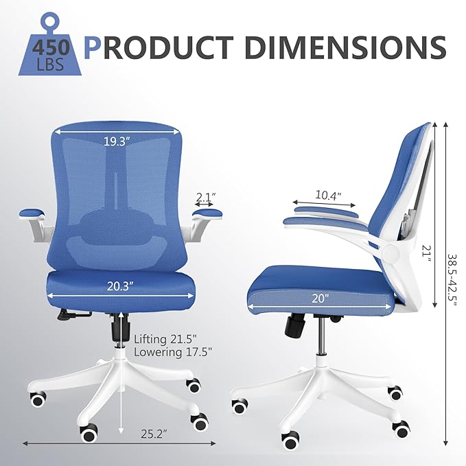 Office Chair,Ergonomic Comfy Home Desk Chair with 350LBS Capacity,High Back Gaming Chair with Wheels,Mesh Computer Chair,Lumbar Support, Adjustable Headrest,Flip-up Armrest (01Blue)