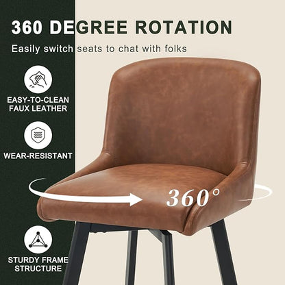 Swivel Bar Stools Set of 6, 26''H Upholstered Barstools with Backs, Modern Counter Height Bar Stool Chairs for Kitchen Island, Metal Legs, Faux Leather, Brown Counter Stools