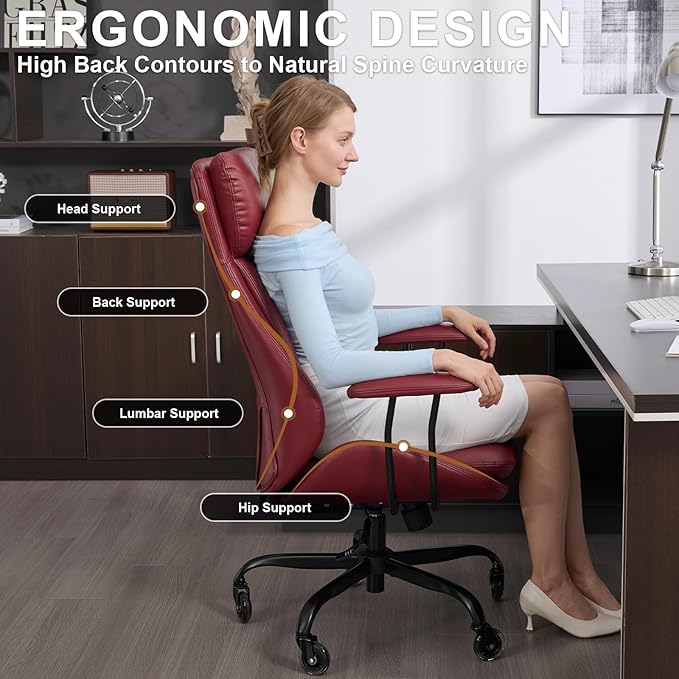 Home Office Desk Chair, PU Casters Ergonomic Computer Chair with Lumbar Support, Adjustable Height, 360°Rolling Swivel Chair, High Back Executive Task, Padded Armrests Chair, Red Leather