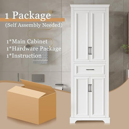 Tall Freestanding Storage Cabinet with 4 Doors & One Drawer, Multi-Purpose Organizer with Adjustable Shelf for Bathroom, Office, Living Room, White