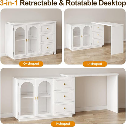 RoyalCraft L Shaped Home Office Desk, Large Extendable and Rotatable Desk with 3 Drawers and 2 Doors, Corner Computer Desk, Modern Study Writing Table for Bedroom, Home Office, White