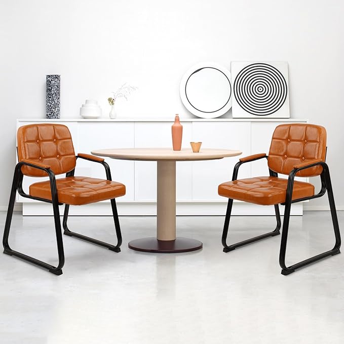 CLATINA Waiting Room Chairs with Padded Arms Leather Guest Chair no Wheels for Office Reception and Conference Desk with Sled Base Orange, 2PK
