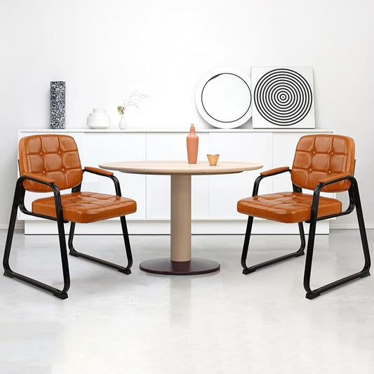 CLATINA Waiting Room Chairs with Padded Arms Leather Guest Chair no Wheels for Office Reception and Conference Desk with Sled Base Orange, 2PK