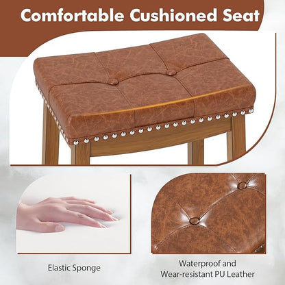 COSTWAY Saddle Bar Stools Set of 2, 29-Inch Bar Height Barstools w/PU Leather Seat, Solid Rubber Wood Frame, Footrest, Mid-Century Backless Bar Stools for Kitchen Island Home Bar