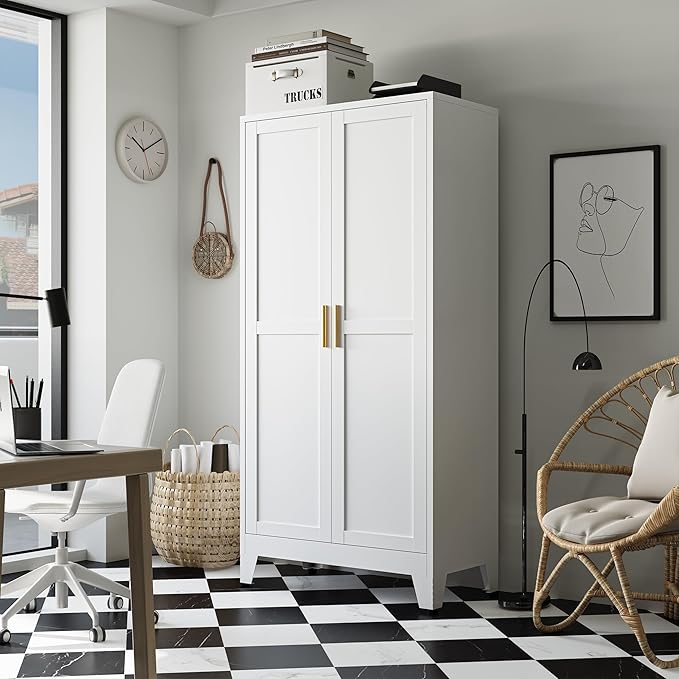 Bathroom Storage Cabinet Freestanding, 61" Tall Metal Cabinets with Doors and Shelves, White Metal Pantry Cabinet for Kitchen, Living Room, Home Office