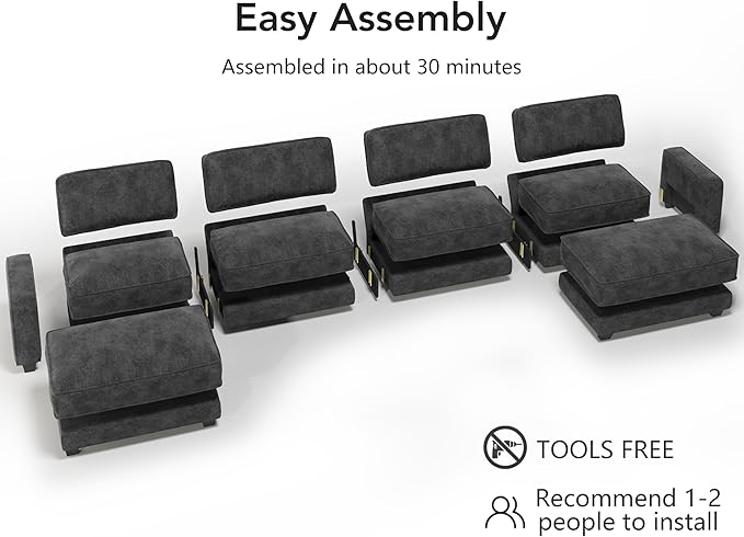 Sunny Heart 160" U-Shaped Modular Sectional Sofa, Oversized Cloud Couch with Movable Ottoman, 6-Seat Chenille Deep Seat Sofa with Pillow, Sectional Couches for Living Room, Apartment, Dark Grey