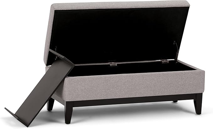 SIMPLIHOME Oregon 42 inch Wide Contemporary Rectangle Storage Ottoman Bench with Tray in Cloud Grey Linen Look Fabric, Assembled, For the Living Room, Entryway and Family Room