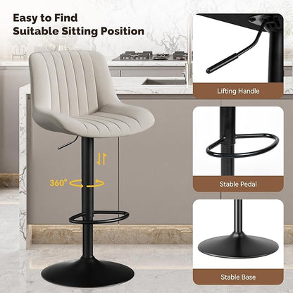 Nalupatio Bar Stools Set of 2, Adjustable Modern Swivel Bar Stools with Backs, Counter Height Performance Fabric Island Chairs for Home Kitchen, Light Gray