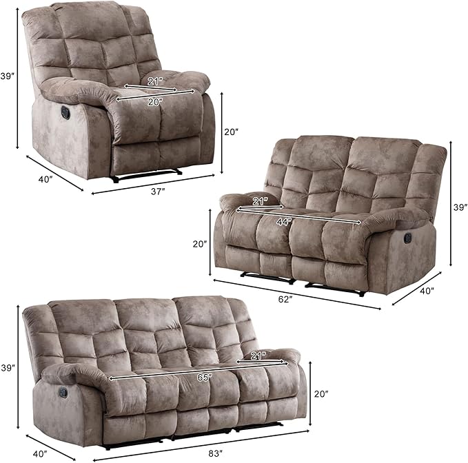 CANMOV Manual Reclining Sofa Set, 3 Pieces Recliner Sofa Set, Manual Recliner Chair, Reclining Loveseat and 3-Seat Sofa for Living Room, 3 Pieces Furniture Set, Light Brown (1+2+3)