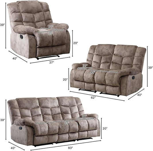 CANMOV Manual Reclining Sofa Set, 3 Pieces Recliner Sofa Set, Manual Recliner Chair, Reclining Loveseat and 3-Seat Sofa for Living Room, 3 Pieces Furniture Set, Light Brown (1+2+3)