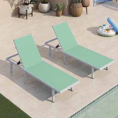 Pool Lounge Chairs Set of 2，Outdoor Lounge Chairs with Wheels and 5-Position Recliner -Easy to Move- Aluminum Patio Lounge Chair for Poolside, Deck (LightGreen)