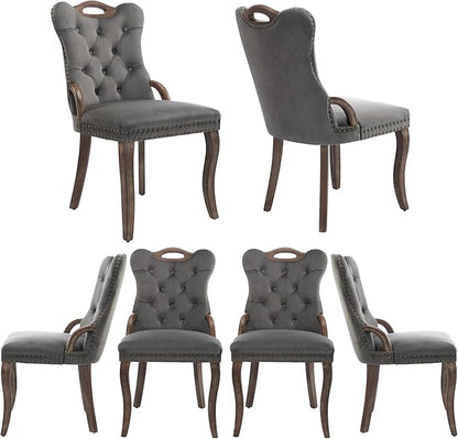 Velvet Dining Chairs Set of 6, Solid Wood Handles, Wooden Upholstered Dining Chair, Vintage Copper Nail Decoration, Mid Century Modern Kitchen Chair (Grey, Set of 6)