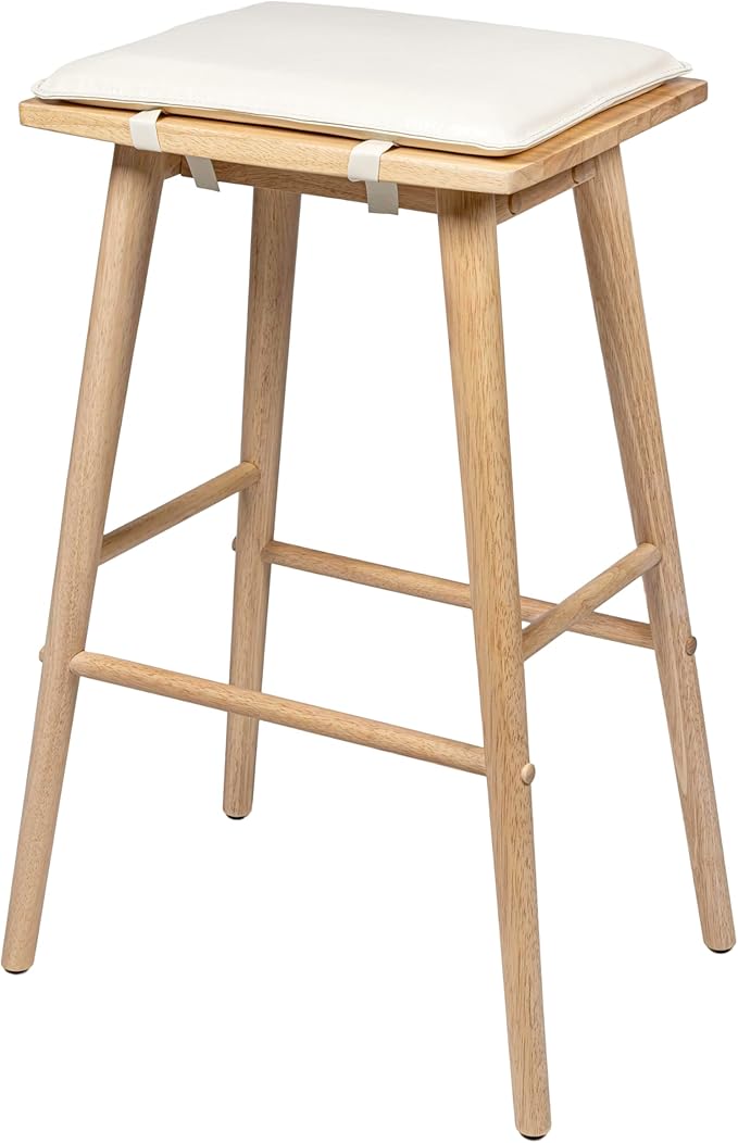 JONATHAN Y BSL2002B Peroni 30.5" MidCentury Classic Saddle-Seat Solid Wood/Vegan Leather Backless Bar Stool with Removeable Cushion for Pool, Deck, Poolside, Brown/Light Teak (Set of 2)