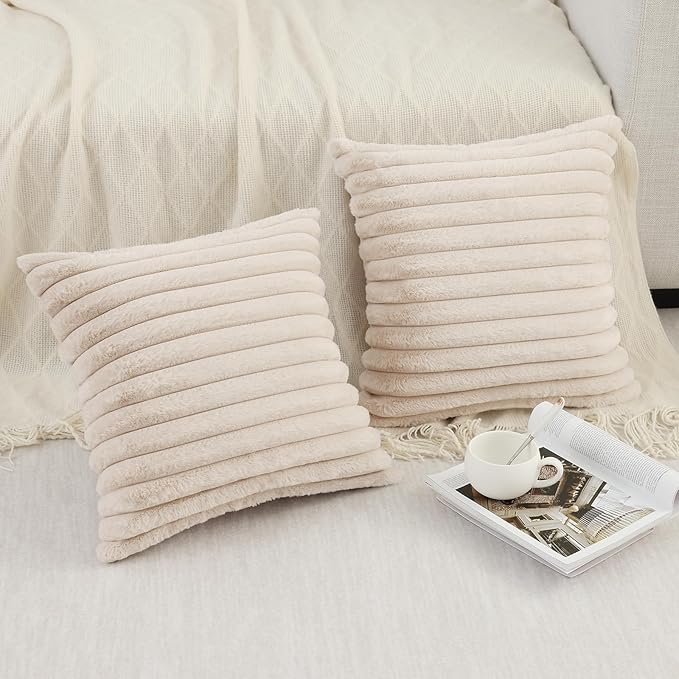 Pallene Faux Fur Plush Throw Pillow Covers 20x20 Set of 2, Luxury Soft Fluffy Striped Decorative Pillow Covers for Sofa, Couch, Living Room, Apricot