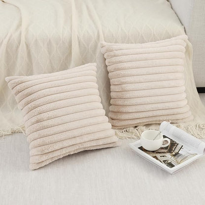 Pallene Faux Fur Plush Throw Pillow Covers 20x20 Set of 2, Luxury Soft Fluffy Striped Decorative Pillow Covers for Sofa, Couch, Living Room, Apricot