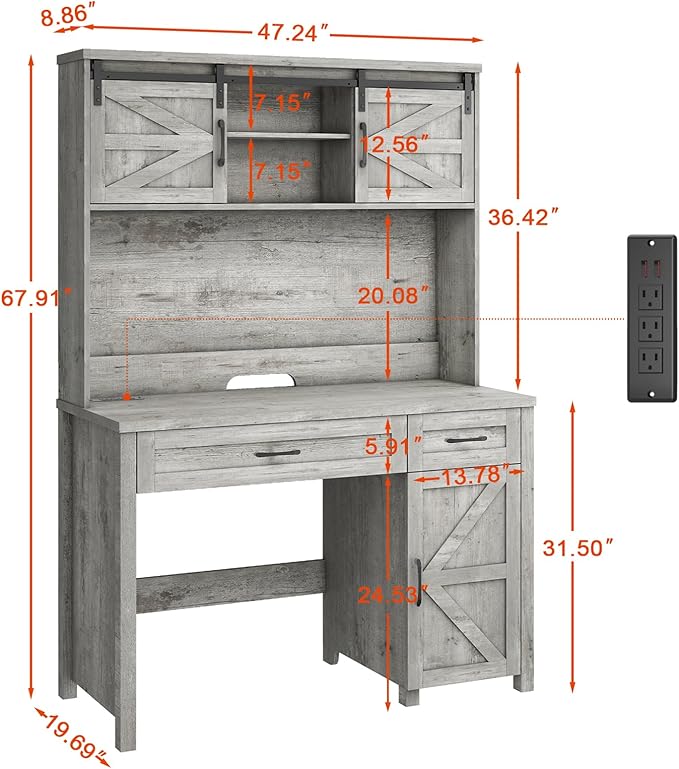 Vabches Farmhouse 47" Executive Desk, Computer Desk with 2 Drawers, LED Light and Storage Cabinet, Home Office Desk with Hutch, Charging Hub, Workstation for Home Office and Study.Grey