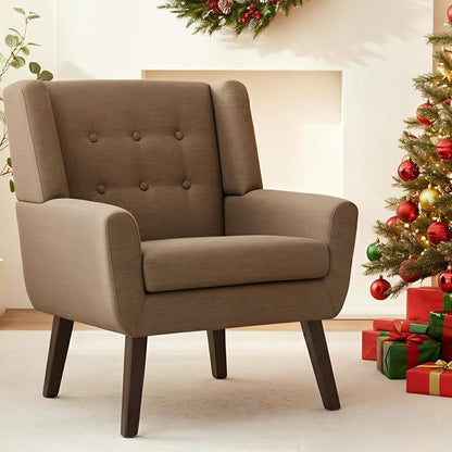 HUIMO Accent Chairs for Living Room,Linen Button-Tufted Upholstered Armchair with Wooden Legs,Comfy Mid Century Modern Chair for Bedroom Apartment Waiting Room Brown