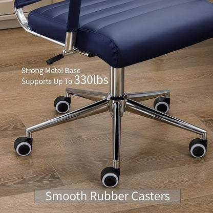 Office Desk Chair Leather, Conference Room Chairs with Wheels, Executive Modern High Back Ergonomic Swivel Rolling Ribbed Computer Chair