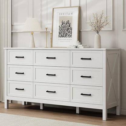 LYNSOM Farmhouse 9 Drawers Dresser for Bedroom, 55" Wide Wood Rustic Chest of Drawers with Natural Texture, Metal Handle, Storage Dressers Organizer for Entryway, Hallway, White
