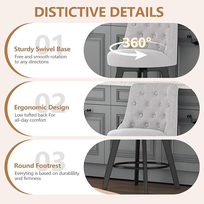 MINCETA Set of 2 Upholstered Bar Stools - 26 Inch Swivel Counter Height Stools with Low Tufted Back, Footrest & Performance Fabric - Round Seat for Kitchen Island & Home Bar Gray and Beige