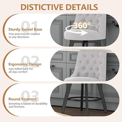 MINCETA Set of 2 Upholstered Bar Stools - 26 Inch Swivel Counter Height Stools with Low Tufted Back, Footrest & Performance Fabric - Round Seat for Kitchen Island & Home Bar Gray and Beige