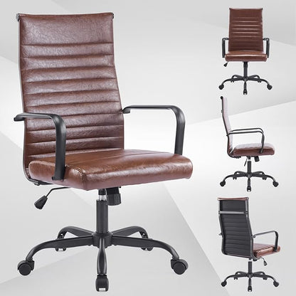 Office Chair, Ergonomic Executive Conference Room Chairs, Ribbed Leather Desk Chair with Lumbar Support, Adjustable Height Mid-Back Swivel Chair with Padded Seat