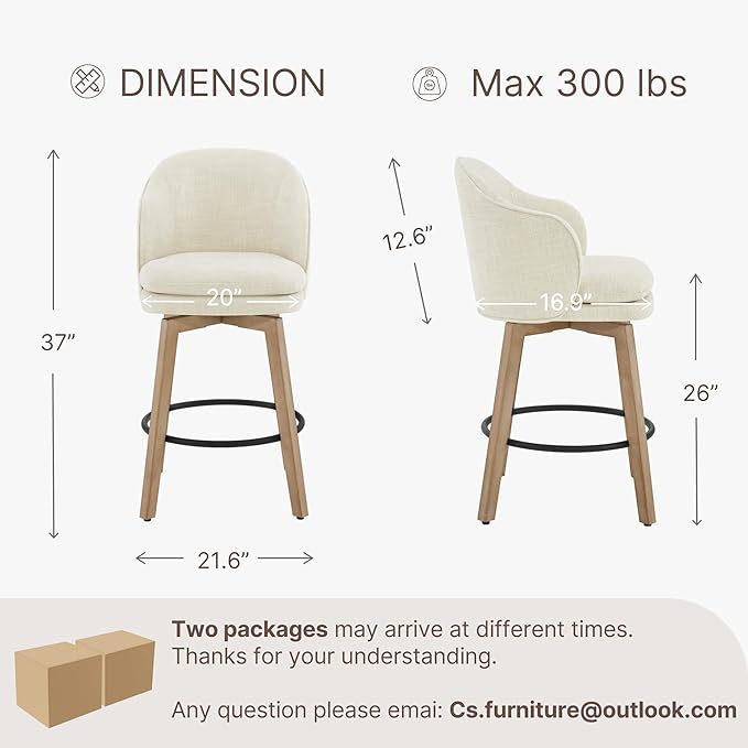 Counter Height Barstools 26 inch Upholstered Swivel Bar Stools with Back and Wood Legs for Kitchen Island,Set of 3,Linen Fabric