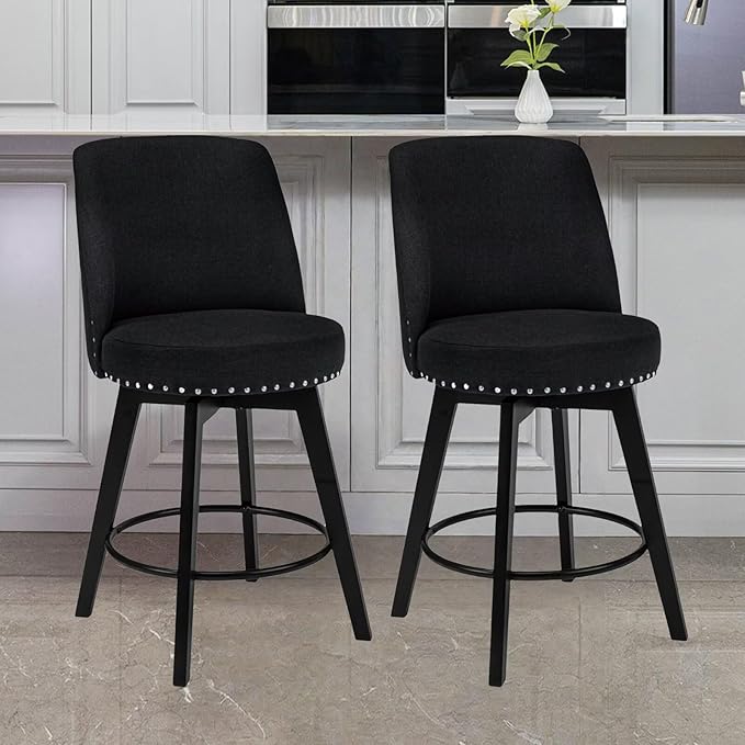 MINCETA Bar Stools Set of 2, 26 Inch Upholstered Barstools with High Back and Footrest, Swivel Counter Height Barstools for Kitchen Island Home Bar Black
