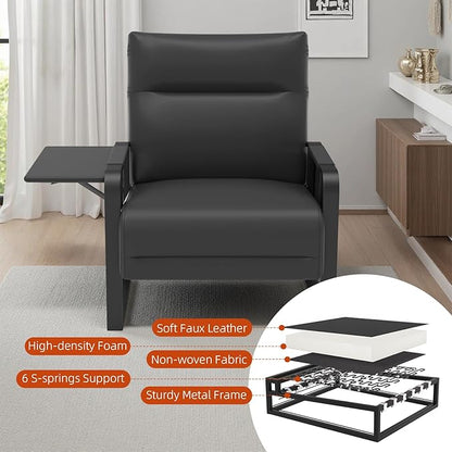 Upholstered Accent Chair, Modern Faux Leather Sofa Chair with Foldable Side Tray Table & Storage Pocket, Small Accent Sofa for Living Room, Bedroom, Reception Room, Black