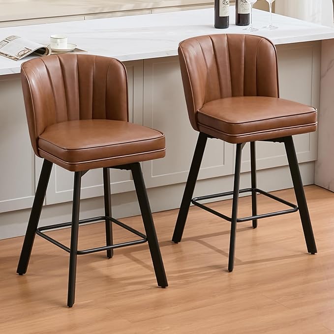 Swivel Counter Height Bar Stools Set of 4, 26'' Modern Barstools with Backs and Metal Legs, Upholstered Bar Chairs, Faux Leather Dark Brown Stools for Kitchen Island Chairs