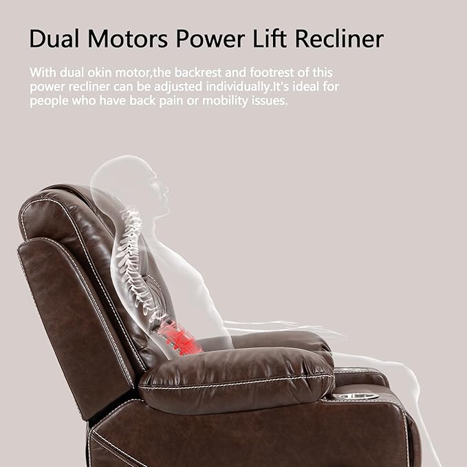 Large Power Lift Recliner Chair Sofa with Massage and Heat for Big and Tall Elderly,Infinite Positions,Dual Motor,Cup Holders,Extended Footrest,Air Leather Home Theater Seat