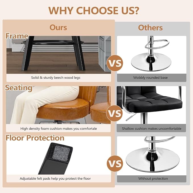 MINCETA Bar Stools Set of 2, PU Leather Barstools, 26 Inch Upholstered Counter Stools with Backrest and Footrest, Swivel Counter Height Barstools for Kitchen Island Home Bar Light Brown